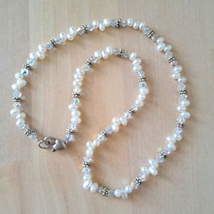 Vintage Seed Pearl And Aurora Borealis Clear Rhinestone 16 in Necklace 925